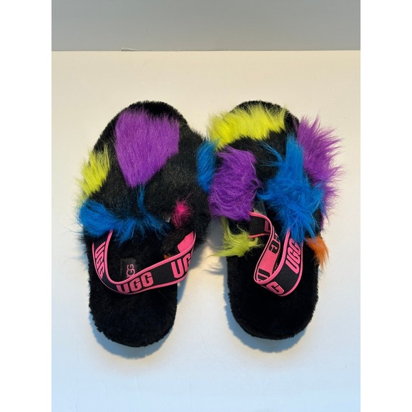 UGG Shoes - UGG Fluff Yeah Slide Slippers Rainbow Fur Black Pink Logo Womens Size 8